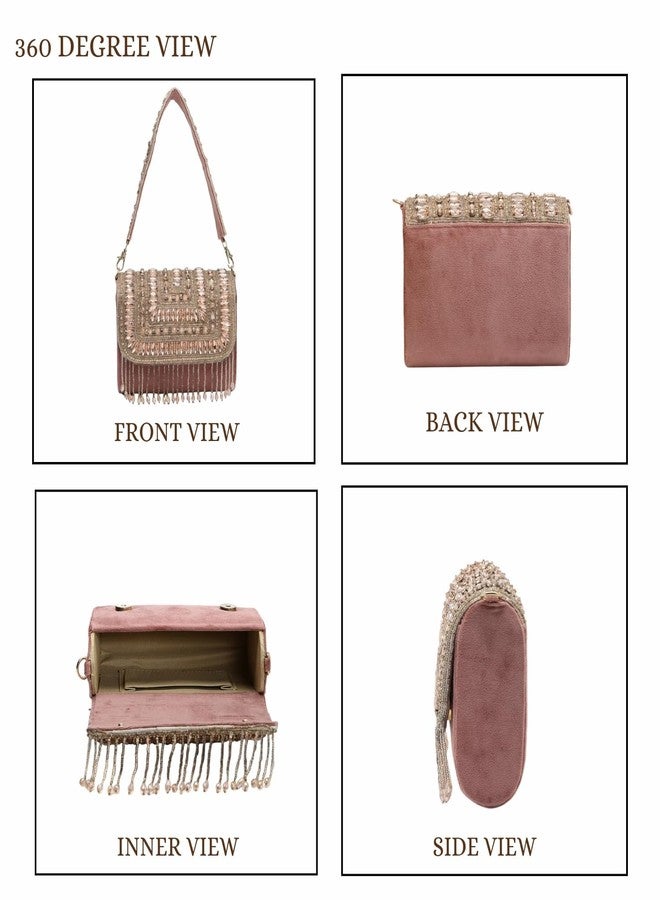 Anekaant Droop Mauve Embellished Party Clutch Bag for Women | Suede Sling Purse with Stone Work & Tassel Fringe. - Image 4